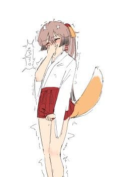 1girl absurdres alternate_costume anal_beads anal_tail animal_ear_hairband animal_ears blush brown_hair butt_plug commentary_request covering_face fake_animal_ears fake_tail feet_out_of_frame fox_tail hairband hakama hakama_short_skirt hakama_skirt highres japanese_clothes kantai_collection kazagumo_(kancolle) kimono long_hair nontraditional_miko nose_blush ponytail red_hakama simple_background skirt solo tail translation_request trembling tsuru_(thunder_tsuru) white_background white_kimono