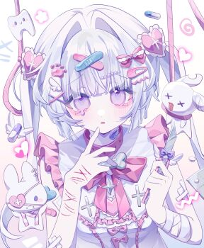 1girl 2mubudaye absurdres bandaged_arm bandages bandaid bandaid_on_arm blood blunt_bangs blush bow bowtie boxcutter collar cross cuts dress eyepatch frills hair_intakes hair_ornament hairclip heart heart_hair_ornament highres holding injury knife long_hair looking_at_viewer noose open_mouth original pill pink_bow pink_bowtie purple_eyes scar scar_on_arm self-harm solo stuffed_animal stuffed_toy tears twintails upper_body white_background white_hair x_hair_ornament