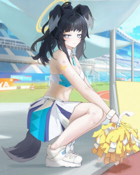 1girl absurdres animal_ears black_hair blue_archive blue_eyes cheerleader closed_mouth dog_ears dog_girl dog_tail full_body goggles goggles_on_head halo hibiki_(blue_archive) hibiki_(cheer_squad)_(blue_archive) highres holding holding_pom_poms long_hair looking_at_viewer maple_(artist) millennium_cheerleader_outfit_(blue_archive) official_alternate_costume pom_pom_(cheerleading) pom_poms shoes skirt solo star_(symbol) star_sticker sticker sticker_on_arm sticker_on_face tail white_shoes yellow_halo