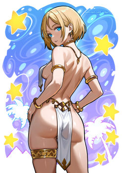1girl ancient_egyptian_clothes armlet ass blonde_hair blue_eyes bracelet breasts commentary earrings english_commentary from_behind gold_armlet gold_bracelet highres jewelry lily_(redjet) loincloth looking_at_viewer looking_back medium_breasts original redjet shiny_skin short_hair smile solo