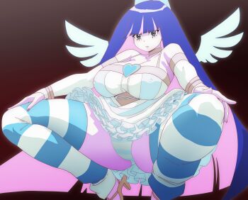 Rule 34 | 1girl, absurdres, angel wings, bare shoulders, black background, blunt bangs, bow, bracelet, breasts, cleavage, colored inner hair, commentary, covered erect nipples, curvy, dress, english commentary, feet out of frame, frilled dress, frills, gloves, hair bow, high heels, highres, horizontal-striped thighhighs, inker comics, jewelry, large breasts, leg warmers, long hair, looking at viewer, multicolored hair, nail polish, panties, panty &amp; stocking with garterbelt, parted lips, simple background, socks, solo, stocking (psg), striped clothes, striped panties, striped thighhighs, thick thighs, thighhighs, thighs, two-tone hair, underwear, white dress, white gloves, white wings, wings