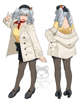 1girl absurdres beret black_hat black_pantyhose black_skirt coat from_behind full_body grey_coat grey_hair hat highres kantai_collection kashima_(kancolle) kashima_(mitsukoshi)_(kancolle) long_hair looking_at_viewer multiple_views neckerchief ojipon pantyhose red_neckerchief shirt simple_background skirt twintails watermark wavy_hair white_background yellow_shirt