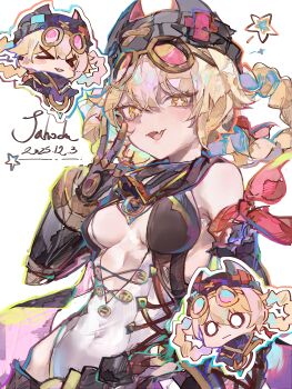 >_< 1girl :d absurdres bare_shoulders black_hat blonde_hair braid braided_hair_rings breasts chibi cocoballking commentary dated fang genshin_impact hair_rings hand_up hat highres jahoda_(genshin_impact) looking_at_viewer multiple_views o_o open_mouth short_hair simple_background skin_fang small_breasts smile star-shaped_pupils star_(symbol) symbol-shaped_pupils v white_background yellow_eyes