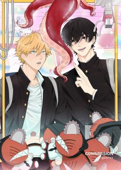 2boys 3others ambiguous_gender bag black_eyes black_hair black_jacket blonde_hair chainsaw_man character_doll collarbone commentary_request commission crane_game crossed_fingers denji_(chainsaw_man) doll ear_piercing fourth_east_high_school_uniform gakuran grey_bag hair_between_eyes highres jacket katxx_xoxo long_bangs male_focus mole mole_under_mouth multiple_boys multiple_others open_mouth piercing school_uniform sharp_teeth shirt short_hair solid_eyes sweatdrop teeth tentacles twitter_username upper_teeth_only white_shirt wispy_bangs yellow_eyes yoshida_hirofumi