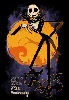 1boy formal_clothes highres jack_skellington jacket long_sleeves looking_at_viewer male_focus moov_(mb_52) open_mouth pinstripe_pattern pinstripe_suit pinstripe_vest simple_background skeleton smile solo striped_clothes striped_vest suit the_nightmare_before_christmas vertical-striped_clothes vertical-striped_vest vest