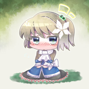 Rule 34 | 1girl, arm warmers, black dress, blonde hair, blue skirt, blush, brown shirt, chibi, commentary request, dress, full body, green eyes, hair bobbles, hair ornament, half updo, jitome, looking at viewer, mizuhashi parsee, nanai07, sash, scarf, shirt, short hair, short sleeves, sitting, skirt, solo, touhou, white sash, white scarf