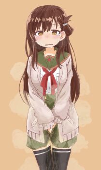 1girl between_legs black_thighhighs blush breast_pocket breasts brown_eyes brown_hair cardigan cowboy_shot embarrassed female_focus gakkou_gurashi! green_sailor_collar green_skirt grey_cardigan hair_ornament hairclip half-closed_eyes hand_between_legs have_to_pee high-waist_skirt long_hair long_sleeves looking_at_viewer medium_breasts miniskirt mole mole_under_eye neckerchief nose_blush one_side_up open_cardigan open_clothes open_mouth orange_background own_hands_together pee peeing peeing_self pleated_skirt pocket ponnu_(tnpn2yw) raised_eyebrows red_neckerchief sailor_collar school_uniform serafuku shirt_tucked_in sidelocks simple_background skirt solo standing star_(symbol) steam sweat tears thighhighs v_arms wakasa_yuuri wavy_mouth wet wet_clothes wet_skirt wet_thighhighs zettai_ryouiki
