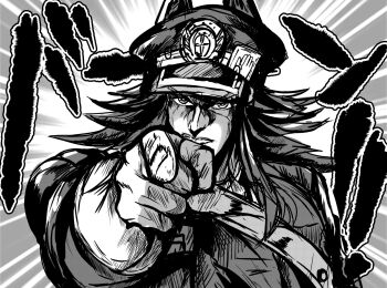 Rule 34 | 1girl, animal ears, closed mouth, commentary request, fenomeno (umamusume), hair between eyes, hair ornament, hat, horse ears, horse girl, jojo pose, kentan (kingtaiki), kuujou joutarou (cosplay), long hair, looking at viewer, monochrome, pointing, pointing at viewer, serious, translation request, umamusume