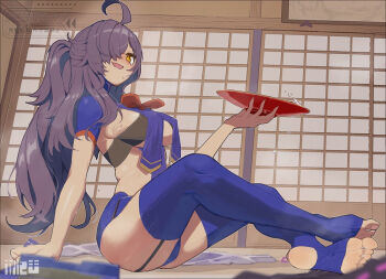 1girl ahoge blue_thighhighs blush bouhuman breasts commission cup from_side full_body garter_belt hair_over_one_eye holding holding_cup large_breasts long_hair looking_to_the_side open_mouth original ponytail purple_hair sakazuki shouji sideboob skeb_commission sliding_doors smile soles solo steaming_body stirrup_legwear sweat thighhighs toeless_legwear toes yellow_eyes