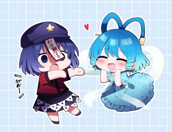 2girls absurdres blue_background blue_dress blue_hair blush chibi commentary dress drill_hair drill_sidelocks fang full_body gao hair_ornament hair_rings hair_stick hands_on_own_cheeks hands_on_own_face hands_up hat heart highres kaku_seiga medium_hair miyako_yoshika multiple_girls no_nose ofuda ofuda_on_head open_mouth outstretched_arms purple_hair red_shirt shawl shirt shoes short_sleeves sidelocks skirt smile star_(symbol) touhou you_(noanoamoemoe)