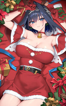 1girl alternate_costume antlers bare_shoulders bell belt black_belt blue_eyes blue_hair box breasts chain chain_headband choker cleavage colored_inner_hair commentary detached_sleeves dress english_commentary fake_antlers fur-trimmed_dress fur_trim gift gift_box hair_intakes highres hololive hololive_english horns large_breasts looking_at_viewer lying multicolored_hair neck_bell on_back oopartz_yang ouro_kronii pom_pom_(clothes) red_choker red_dress reindeer_antlers santa_costume santa_dress short_dress short_hair short_sleeves sleeveless sleeveless_dress smile solo strapless strapless_dress veil virtual_youtuber white_veil