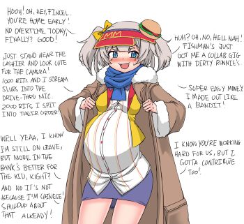 1girl absurdres blue_eyes blue_scarf blush breasts burger burger_hair_ornament coat commentary deculture employee_uniform english_commentary english_text eyebrows_hidden_by_hair fast_food_uniform feet_out_of_frame food food-themed_hair_ornament grey_hair hair_ornament head_bow highres looking_at_viewer marimari_(vtuber) medium_breasts phase_connect pregnant scarf short_hair skirt solo twintails virtual_youtuber visor_cap winter_clothes winter_coat