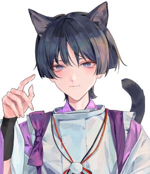 Rule 34 | 1boy, animal ears, armor, blue eyes, blunt ends, bow, bright pupils, cat boy, cat ears, cat tail, closed mouth, clothing cutout, commentary, eyelashes, eyeliner, fingernails, genshin impact, hand up, highres, japanese armor, japanese clothes, kariginu, kimono, kote, kurokote, layered sleeves, lic 617, looking at viewer, makeup, male focus, pom pom (clothes), portrait, purple bow, purple kimono, purple sleeves, red eyeliner, scaramouche (genshin impact), scaramouche (kabukimono) (genshin impact), shoulder cutout, smile, solo, string, tail, tasuki, tsurime, untranslatable commentary, white background, white pupils, white sleeves, wispy bangs