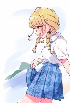 1girl blonde_hair blue_ribbon blue_skirt blush braid commentary_request dated dress_shirt from_side fujita_kotone gakuen_idolmaster hatsuboshi_gakuen_school_uniform idolmaster long_hair looking_down neck_ribbon pleated_skirt ribbon school_uniform seina_(hoshina52) shirt short_sleeves skirt skirt_hold smile solo summer_uniform twin_braids twitter_username white_shirt yellow_eyes