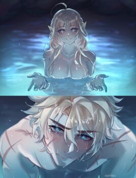 Rule 34 | 1boy, 1girl, ahoge, artist name, beckoning, blonde hair, blue eyes, blush, breasts, closed mouth, collarbone, commentary, completely nude, cross-shaped pupils, cross scar, english commentary, facial mark, forehead mark, genshin impact, hair between eyes, highres, i'll teach you everything (chainsaw man), in water, long hair, maybisu, multiple scars, nicole reeyn, nude, partially submerged, scar, scar on arm, scar on chest, scar on face, scars all over, scene reference, smile, symbol-shaped pupils, too many, varka (genshin impact), wet, wet hair