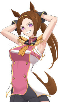 Rule 34 | 1girl, absurdres, aji (p391), animal ears, armpits, arms up, bakushin o armpit gif (meme), black shorts, blush, breasts, brown hair, commentary request, epaulettes, flower in eye, gloves, gold hairband, grin, hairband, highres, horse ears, horse girl, horse tail, large breasts, long hair, looking at viewer, meme, neckerchief, open mouth, ponytail, purple eyes, sakura bakushin o (blossom in learning) (umamusume), sakura bakushin o (umamusume), shorts, simple background, sleeveless, sleeveless jacket, smile, solo, sweat, symbol in eye, tail, teeth, umamusume, white background, yellow neckerchief