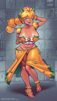 Rule 34 | 1girl, absurdres, anklet, bikini tan, blonde hair, body freckles, bow, breast lift, breasts, cleavage, collarbone, colored tips, commentary, commission, crown, dark-skinned female, dark skin, detached sleeves, earrings, english commentary, eyeliner, freckles, frills, full body, genderswap, genderswap (otf), green eyeliner, green eyes, green hair, green horns, green nails, gyaru, highres, horns, jewelry, large breasts, long hair, long skirt, looking at viewer, lowleg, lowleg skirt, makeup, mario (series), multi-tied hair, multicolored hair, nail polish, nintendo, no panties, personification, pokey (mario), princess pokey, puffy short sleeves, puffy sleeves, sandals, sharp teeth, short sleeves, skindentation, skirt, solo, sphere earrings, spiked anklet, spiked bra, spikes, strapless, super crown, supersatanson, tan, tanline, teeth, toe ring, toenail polish, toenails, two-tone hair, white bow