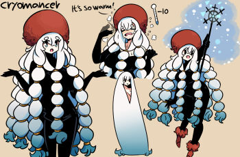 1girl afterimage ankle_boots arm_up black_gloves black_pants blue_eyes blue_hair boots breasts brown_background character_name closed_eyes cryokinesis english_text fanning_face fanning_self front_ponytail gloves gradient_hair hair_censor hair_down hands_up hat highres holding holding_staff hot large_breasts long_hair looking_at_viewer magic multi-tied_hair multicolored_hair murgoten nude open_mouth original pants red_footwear red_headwear simple_background smile snowflakes snowing staff standing standing_on_one_leg sweat temperature thermometer two-tone_hair very_long_hair w_arms white_hair