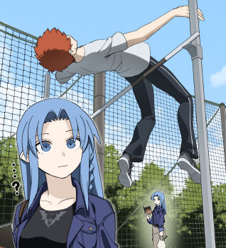 1boy 1girl arched_back blue_eyes blue_hair casual emiya_shirou fate/stay_night fate_(series) high_jump highres jumping landing_mat long_hair mature_female medea_(caster)_(fate) medea_(fate) messy_hair pole_vault rasupekuto red_hair running_track sportswear track_uniform