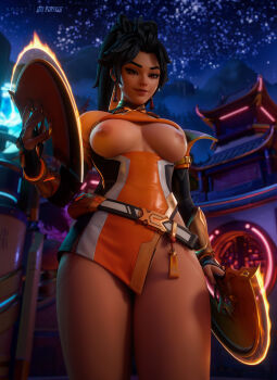 1girl 3d absurdres anran_(overwatch) architecture bare_shoulders belt black_hair breasts cleavage_cutout closed_mouth clothing_cutout commentary detached_sleeves earrings east_asian_architecture english_commentary fingerless_gloves fire folding_fan gloves hand_fan high_ponytail highres holding holding_fan jewelry large_breasts long_hair long_sleeves looking_at_viewer looking_down night nipples no_bra no_pants overwatch ponytail smile solo star_(sky) strykeraxi thighs