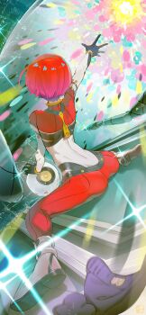 1girl absurdres amate_yuzuriha ass back bodysuit cockpit gundam gundam_gquuuuuux haro hat highres holding mecha_pilot_suit multicolored_bodysuit normal_suit_(gundam) pilot pilot_chair piloting red_hair robot science_fiction short_hair tori-desu