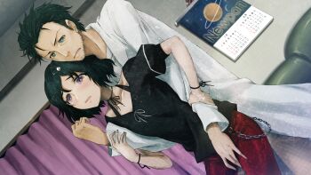 1boy 1girl adam's_apple beard_stubble belt between_legs black_belt black_hair black_ribbon black_shirt blush bracelet brown_pants chain choker coat collarbone crotch_grab crying crying_with_eyes_open dutch_angle facial_hair game_cg genderswap genderswap_(mtf) grabbing_another's_arm grabbing_from_behind grey_eyes hair_ornament hairclip hand_between_legs hetero highres huke jewelry lab_coat lapels long_sleeves messy_hair molestation non-web_source notched_lapels off-shoulder_shirt off_shoulder official_art okabe_rintarou open_mouth pants pink_eyes pink_lips puffy_short_sleeves puffy_sleeves purple_eyes red_pants red_shorts ribbon ribbon_choker ringed_eyes science_adventure shirt short_hair short_sleeves shorts skull_hair_ornament square_pupils steins;gate stubble t-shirt tank_top tearing_up tears tongue urushibara_luka v-shaped_eyebrows very_short_hair wavy_mouth white_coat white_ribbon white_shirt