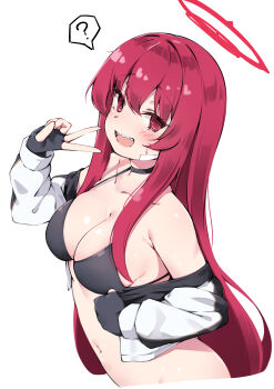 1girl ? @_@ absurdres bikini black_bikini black_choker black_gloves blue_archive blush breasts choker cleavage collarbone commentary_request fingerless_gloves gloves halo highres komasi looking_at_viewer medium_breasts open_mouth rabu_(blue_archive) red_eyes red_hair red_halo sharp_teeth simple_background solo spoken_question_mark swimsuit teeth upper_teeth_only v white_background