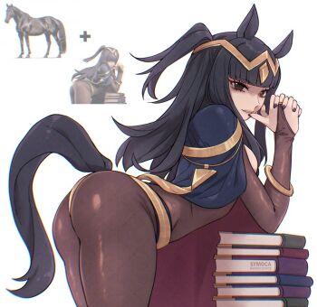 1girl animal_ears ass black_bridal_gauntlets black_eyes black_hair blunt_bangs bodystocking book bracelet breasts bridal_gauntlets cape circlet fire_emblem fire_emblem_awakening horse horse_ears horse_girl horse_tail jewelry large_breasts long_hair looking_at_viewer nintendo skin_tight smile solo symoca tail tharja_(fire_emblem) tiara two-tone_cape two_side_up