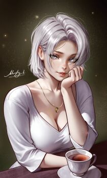 Rule 34 | 1girl, breasts, cleavage, cup, grey eyes, grey hair, hand on own chin, head rest, highres, jewelry, looking at viewer, medium breasts, moonlen-jack, necklace, original, short hair, signature, solo, teacup, watermark, web address