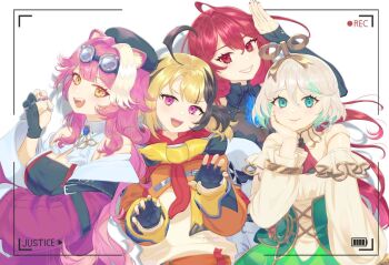4girls ahoge animal_ears blue_fire breasts cecilia_immergreen cecilia_immergreen_(1st_costume) darkgreyclouds doll_joints elizabeth_rose_bloodflame elizabeth_rose_bloodflame_(1st_costume) fire gigi_murin gigi_murin_(1st_costume) green_eyes green_hair grey_hair holojustice hololive hololive_english huge_ahoge joints long_hair looking_at_viewer multicolored_hair multiple_girls panther_ears panther_girl pink_hair raora_panthera raora_panthera_(1st_costume) red_eyes red_hair short_hair smile streaked_hair very_long_hair virtual_youtuber