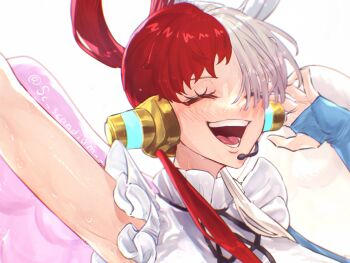 1girl ^_^ arm_up closed_eyes dress eyelashes hair_over_one_eye headset highres multicolored_hair one_piece one_piece_film:_red red_hair sc_scandium simple_background sleeveless sleeveless_dress solo twitter_username two-tone_hair uta_(one_piece) white_background white_dress white_hair wings