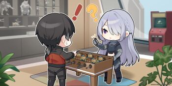 ! 1boy 1girl ? absurdres ak-15_(girls&#039;_frontline) arcade_cabinet artist_request black_hair black_pants braid breaking broken chibi chibi_only chinese_commentary commander_(girls&#039;_frontline) copyright_notice foosball_table full_body girls&#039;_frontline girls&#039;_frontline_2:_exilium grey_hair hair_over_one_eye highres jacket official_art pants plant potted_plant second-party_source standing strong sweatdrop tactical_clothes voymastina_(girls&#039;_frontline_2) window