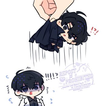 !? 1other 2boys :o black_coat black_eyes black_hair black_shirt coat collared_shirt commentary double-parted_bangs hair_between_eyes highres kim_dokja kimidori_22 lifting_mini_person male_focus multiple_boys omniscient_reader&#039;s_viewpoint open_clothes open_coat out_of_frame partially_shaded_face popped_collar shirt short_hair sweatdrop symbol-only_commentary white_coat yoo_joonghyuk