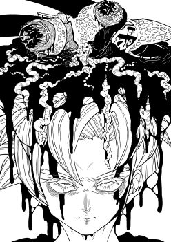 2boys angry blood blood_in_hair blood_on_face cell_(dragon_ball) close-up closed_mouth dragon_ball dragonball_z facing_viewer from_front from_side greyscale guro half-closed_eyes highres intestines looking_at_viewer lying male_focus monochrome multiple_boys multiple_views no_limbs obata2nd on_side open_mouth organs pectorals perfect_cell pool_of_blood simple_background smile son_gohan spiked_hair spots super_saiyan wings