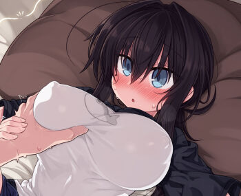 1boy 1girl black_hair blue_eyes blush breasts covered_erect_nipples grabbing_another&#039;s_breast groping hetero huge_breasts lying null_(nyanpyoun) on_back original pillow solo_focus sweat