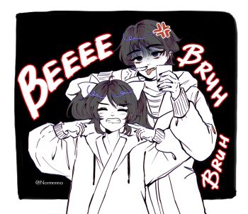 1boy 1girl alternate_costume annoyed black_background black_nails blunt_ends border bow casual clenched_teeth closed_eyes coat commentary contemporary drawstring english_commentary eyelashes eyeliner eyeshadow facing_viewer genshin_impact greyscale hair_bow hands_up height_difference highres index_finger_raised lapels long_hair long_sleeves looking_at_viewer makeup mona_(genshin_impact) monochrome normnnna pointing pointing_at_self red_eyeliner red_eyeshadow sanpaku scaramouche_(genshin_impact) shaded_face sidelocks sound_effects spot_color swept_bangs teeth tongue tongue_out twintails twitter_username undershirt white_border wispy_bangs