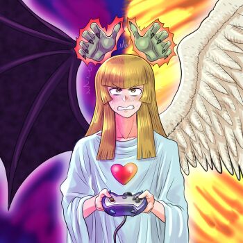 1girl angel_wings asymmetrical_wings blonde_hair blunt_bangs blunt_ends blush brain_control_(yu-gi-oh!) change_of_heart controller demon_wings disembodied_hand duel_monster enemy_controller game_controller go_madare heart highres holding holding_controller mismatched_wings robe solo surprised trait_connection white_robe wings yellow_eyes yu-gi-oh!