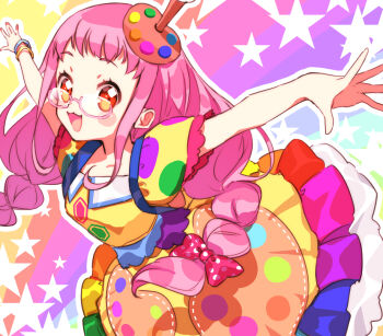 Rule 34 | 1girl, :3, bow, bracelet, braid, collared dress, commentary request, cowboy shot, dress, eyelashes, frilled skirt, frills, glasses, hair bow, idol clothes, jewelry, kiki ajimi, long hair, open mouth, orange eyes, outline, outstretched arms, palette hair ornament, petticoat, pink-framed eyewear, pink nails, pretty series, pripara, puffy short sleeves, puffy sleeves, rainbow background, red bow, semi-rimless eyewear, short bangs, short sleeves, sidelocks, skirt, smile, solo, spread arms, star (symbol), tareme, twin braids, usalxlusa, very long hair, white outline, yellow dress