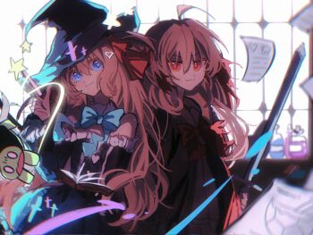 2girls ahoge black_cardigan black_dress black_headwear black_serafuku bloom blue_bow blue_bowtie blue_eyes book bow bowtie cardigan choker closed_mouth detached_sleeves dress evil_neuro-sama frilled_choker frilled_dress frilled_sleeves frills hair_between_eyes hair_ornament hair_ribbon hairclip hand_up hat head_tilt heart heart_hair_ornament highres index_finger_raised indie_virtual_youtuber light_brown_hair long_hair looking_at_viewer magic multiple_girls neuro-sama paper pinkpink939 potion red_bow red_bowtie red_eyes red_ribbon ribbon school_uniform serafuku smile star_(symbol) star_wand strapless strapless_dress sword turtle v-shaped_eyebrows vedal987 very_long_hair virtual_youtuber wand weapon window witch_hat