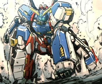 clenched_hand ground_shatter highres joints kato_takuji looking_down mecha no_humans on_one_knee one-eyed robot robot_joints smoke srx super_robot super_robot_wars super_robot_wars_original_generation superhero_landing