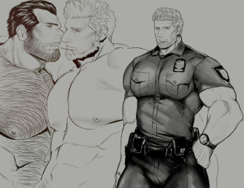 2boys abs bara beard chest_hair completely_nude couple eye_contact facial_hair feet_out_of_frame flashback from_side greyscale hair_slicked_back hairy large_pectorals looking_at_another male_focus mature_male monochrome multiple_boys muscular muscular_male navel_hair nipples noses_touching nude original pants pectoral_docking pectoral_press pectorals police police_uniform policeman shirt short_hair sideburns smile tarowo tight_clothes tight_pants tight_shirt yaoi