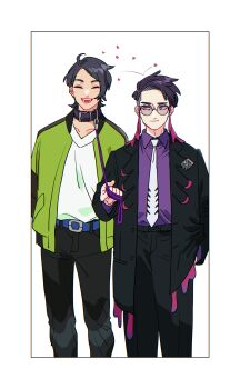 Rule 34 | 2boys, absurdres, belt, belt buckle, belt collar, black collar, black pants, blue belt, border, buckle, closed eyes, closed mouth, coat, collar, collarbone, collared shirt, commentary request, corbeau (pokemon), green jacket, hand in pocket, highres, holding, holding leash, jacket, lapels, layered sleeves, leash, long sleeves, looking at another, looking to the side, male focus, multiple boys, necktie, nintendo, open clothes, open jacket, open mouth, pants, parted hair, paxton (pokemon), pokemon, pokemon legends: z-a, purple shirt, round eyewear, samio (themioooooo), shirt, shirt tucked in, short hair, side-by-side, sideways glance, smile, standing, tassel, triangle mouth, v-neck, white border, white necktie, white shirt, wing collar