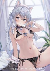 Rule 34 | 1girl, animal ear fluff, animal ears, bell, black bra, black choker, black panties, blue eyes, blurry, blurry background, bra, breasts, cat ears, cat girl, cat tail, choker, commentary request, grey hair, long hair, looking at viewer, maid headdress, maruro, medium breasts, melonbooks, navel, neck bell, original, panties, sitting, solo, tail, translation request, twintails, underwear, wrist cuffs