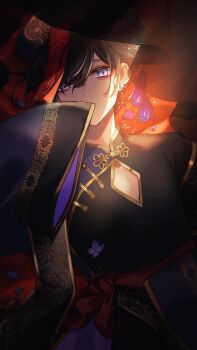 1boy absurdres aononchi black_dress black_hair black_hat breasts china_dress chinese_clothes cleavage clothing_cutout commentary_request covering_own_mouth diamond_cutout dress earrings eyeshadow hair_between_eyes halloween hat highres jewelry makeup ofuda original purple_eyes red_eyeshadow signature sleeves_past_fingers sleeves_past_wrists solo sparkle tassel