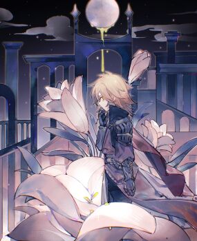 1boy absurdres armlet black_coat blonde_hair blood blood_drip braid bushiguantouderuguo941 cape chinese_commentary clawed_gauntlets coat commentary_request earrings from_side gold_earrings gradient_hair highres honkai:_star_rail honkai_(series) jewelry male_focus medium_hair multicolored_hair mydei_(honkai:_star_rail) night night_sky profile red_cape red_hair side_braid sky solo tears yellow_blood yellow_eyes