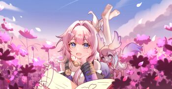 Rule 34 | 1girl, absurdres, barefoot, blue eyes, blue sky, book, chinese commentary, coat, commentary request, cyrene (aedes elysiae) (honkai: star rail), cyrene (honkai: star rail), dress, falling petals, feet, highres, holding, holding quill, honkai: star rail, honkai (series), jewelry, lying, mem (honkai: star rail), mengyunyan23608, multicolored hair, necklace, on stomach, open book, petals, purple coat, quill, short hair, sky, soles, solo, the pose, toes, two-tone hair, white dress, white hair
