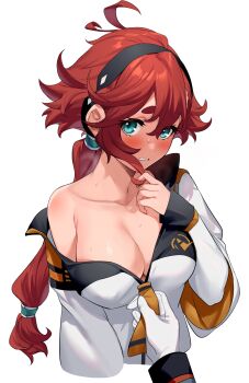 Rule 34 | 1boy, 1girl, absurdres, aki663, aqua eyes, black hoodie, blush, breasts, cleavage, collarbone, elan ceres, gloves, gundam, gundam suisei no majo, hetero, highres, hood, hoodie, jacket, large breasts, long hair, long sleeves, looking at viewer, low ponytail, no bra, off shoulder, open clothes, open jacket, parted lips, ponytail, pov, pulling another's clothes, red hair, single bare shoulder, solo focus, suletta mercury, sweat, thick eyebrows, white gloves, white jacket, zipper pull tab