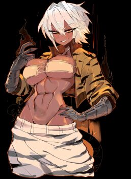 1girl abs bikini black_background breasts brown_jacket commentary commission cropped_jacket cropped_legs dark-skinned_female dark_skin double-parted_bangs english_commentary eyepatch_bikini gauntlets grin groin hair_between_eyes hand_on_own_hip hand_up highres jacket large_breasts looking_at_viewer narrowed_eyes open_clothes open_jacket original pants short_hair smile solo stomach swimsuit toned toned_female tsurime usa37107692 white_hair white_pants yellow_bikini yellow_eyes yin_yang