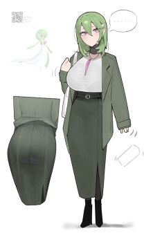 ... 1girl ass azz0422 bag belt black_belt blush boots bra_visible_through_clothes bralines breasts commentary gardevoir gen_3_pokemon green_hair green_jacket green_skirt high-waist_skirt high_heels highres huge_breasts jacket long_skirt long_sleeves looking_at_viewer multiple_views nintendo original pantyhose personification pink_eyes pokemon qr_code shirt shoulder_bag side_slit skirt sleeves_past_wrists solo speech_bubble spoken_ellipsis white_shirt