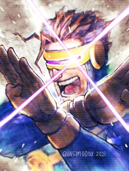 1boy absurdres blue_bodysuit bodysuit brown_hair cyclops_(x-men) eye_beam gloves head-mounted_display highres male_focus marvel multicolored_bodysuit muscular muscular_male open_mouth quasimodox short_hair superhero_costume two-tone_bodysuit x-men x-uniform yellow_bodysuit yellow_gloves